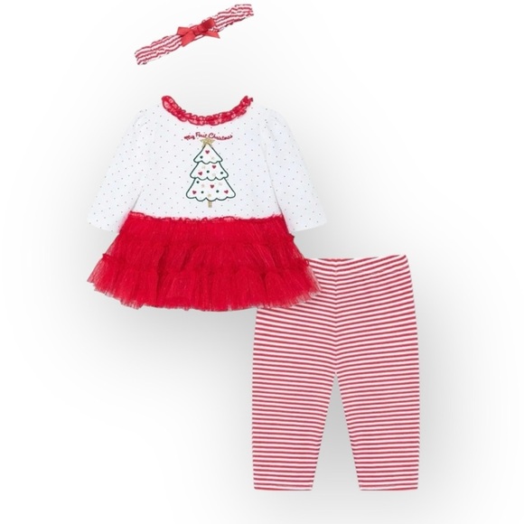 Little Me Baby Girls Red Sparkle Tree Dress Set Leggings Headband Sz 3 mo - Picture 1 of 9